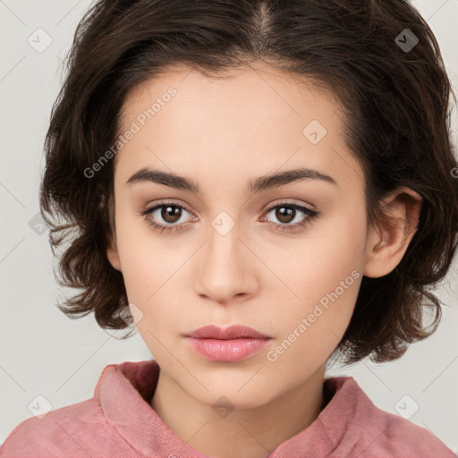 Neutral white young-adult female with medium  brown hair and brown eyes