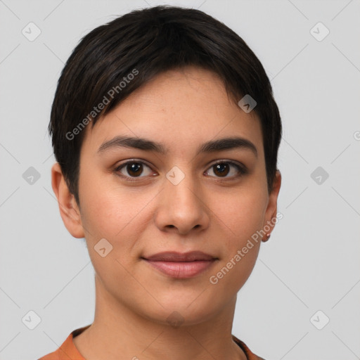 Joyful white young-adult female with short  brown hair and brown eyes