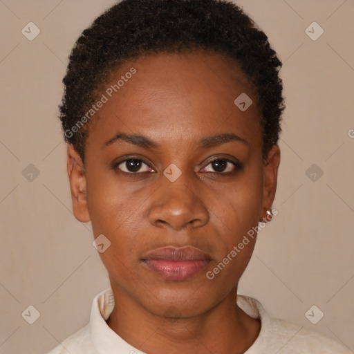 Neutral black young-adult female with short  black hair and brown eyes