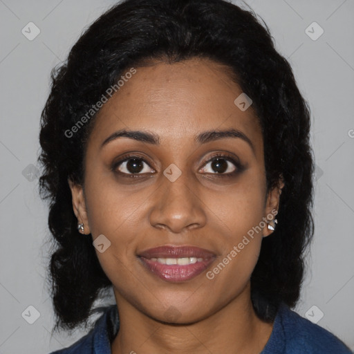 Joyful black young-adult female with medium  brown hair and brown eyes