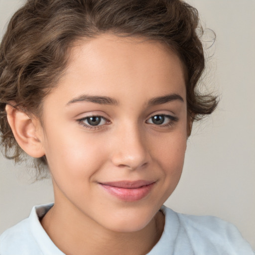 Joyful white child female with medium  brown hair and brown eyes