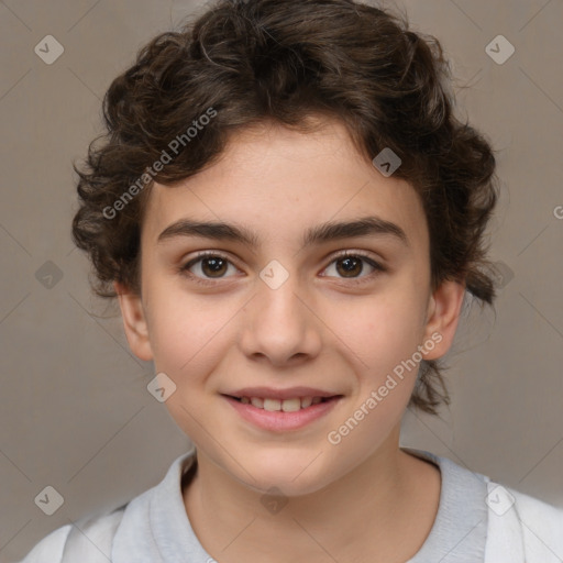 Joyful white child female with medium  brown hair and brown eyes