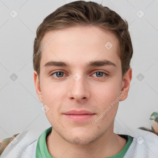 Neutral white young-adult male with short  brown hair and grey eyes