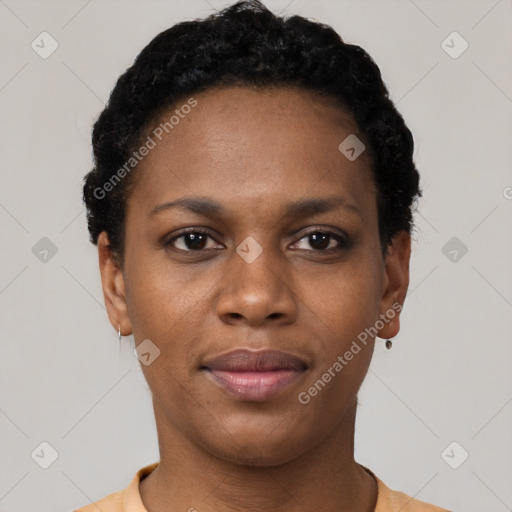 Neutral black young-adult female with short  black hair and brown eyes