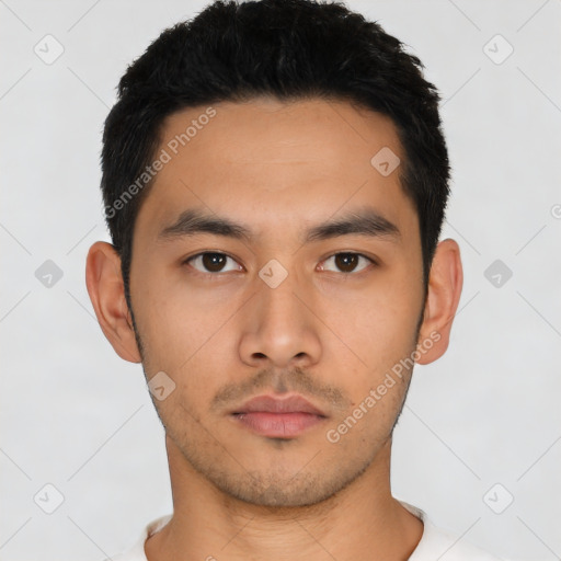 Neutral asian young-adult male with short  black hair and brown eyes