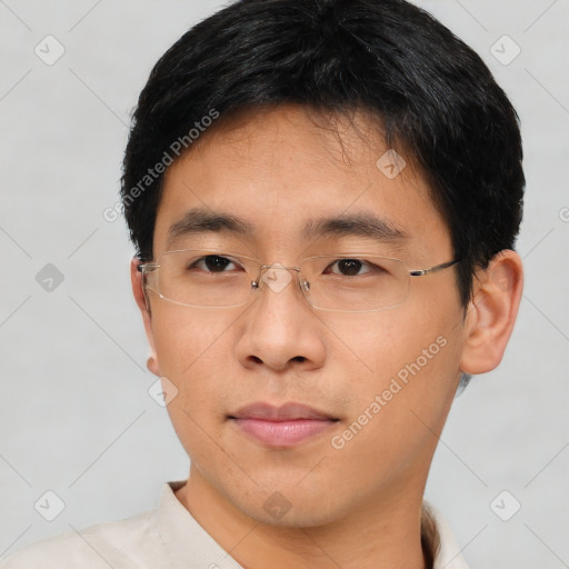 Neutral asian young-adult male with short  black hair and brown eyes