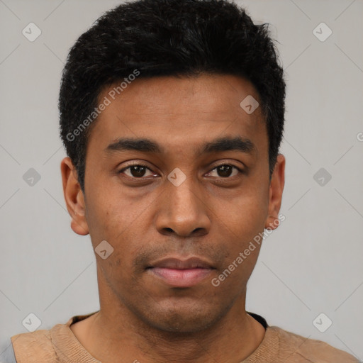 Neutral black young-adult male with short  black hair and brown eyes