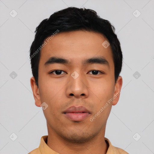 Neutral asian young-adult male with short  black hair and brown eyes