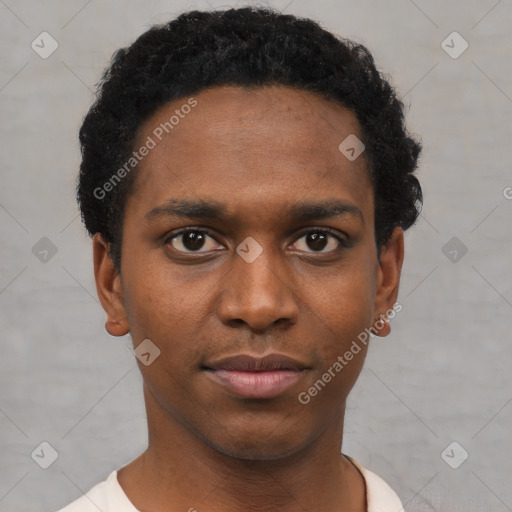 Neutral black young-adult male with short  black hair and brown eyes