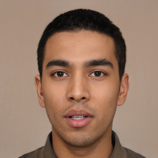 Neutral asian young-adult male with short  black hair and brown eyes