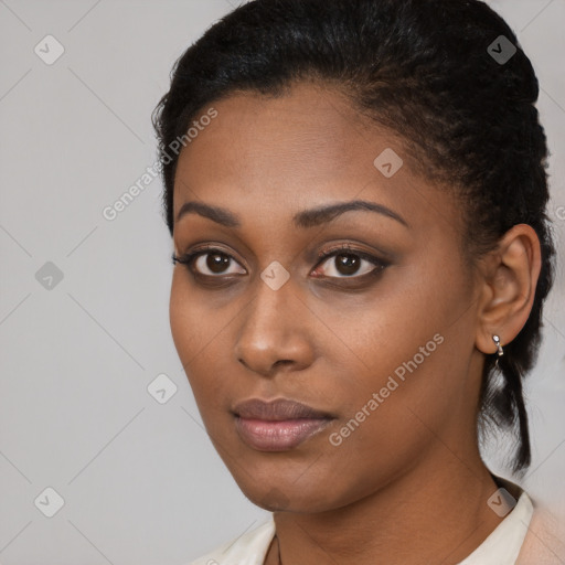 Neutral black young-adult female with short  black hair and brown eyes