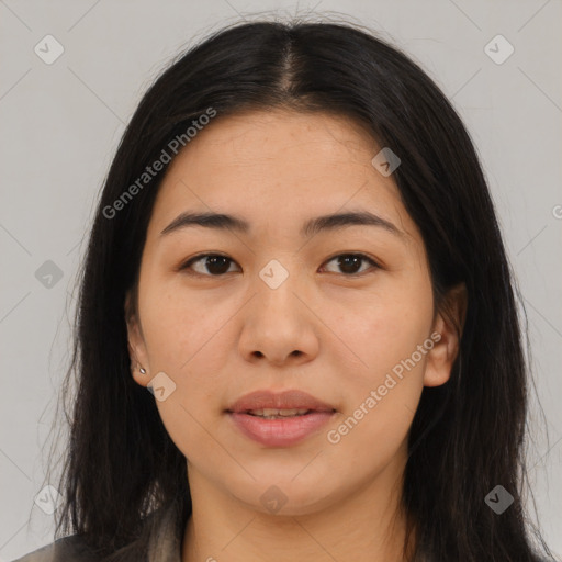 Joyful asian young-adult female with long  brown hair and brown eyes