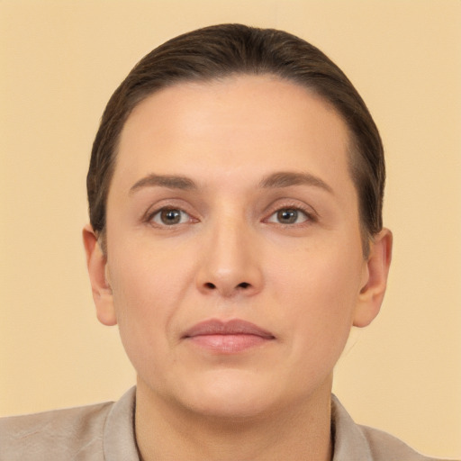 Neutral white young-adult female with short  brown hair and brown eyes