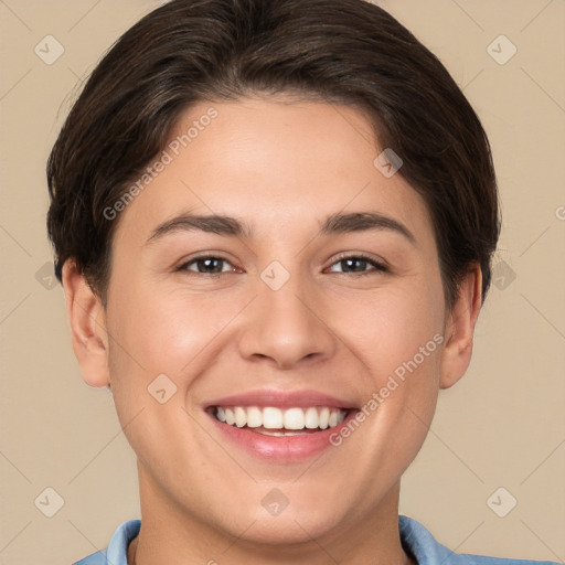 Joyful white young-adult female with short  brown hair and brown eyes