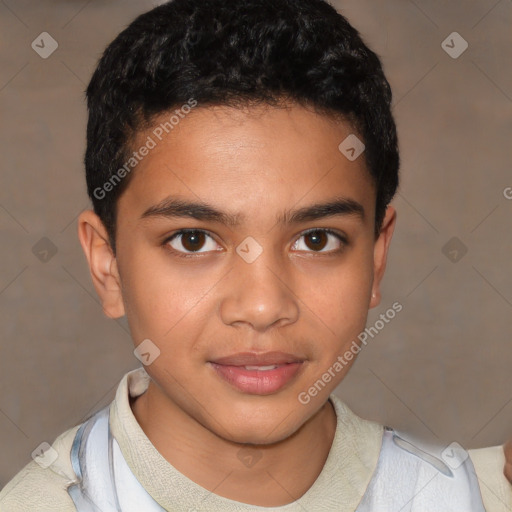 Joyful latino young-adult male with short  brown hair and brown eyes