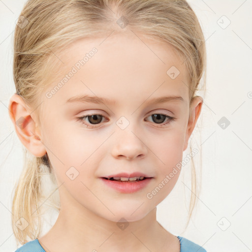 Joyful white child female with medium  brown hair and blue eyes