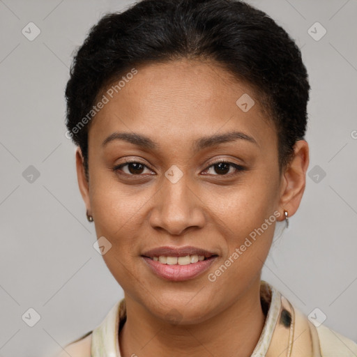 Joyful latino young-adult female with short  brown hair and brown eyes