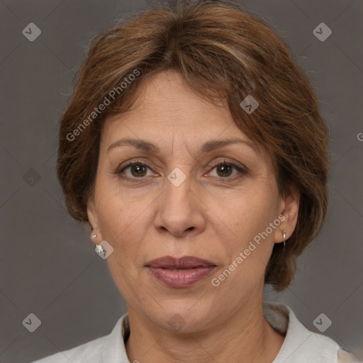 Joyful white adult female with medium  brown hair and brown eyes