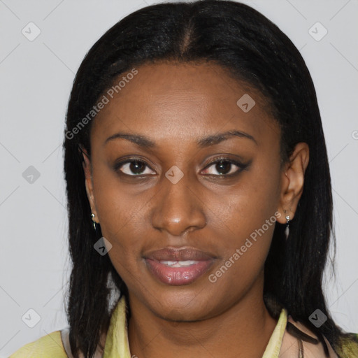 Joyful black young-adult female with medium  brown hair and brown eyes