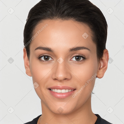 Joyful white young-adult female with short  brown hair and brown eyes