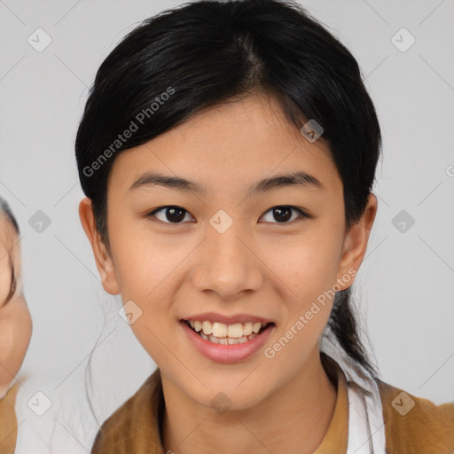 Joyful asian young-adult female with medium  black hair and brown eyes