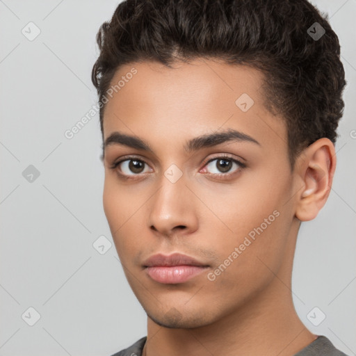 Neutral white young-adult female with short  brown hair and brown eyes