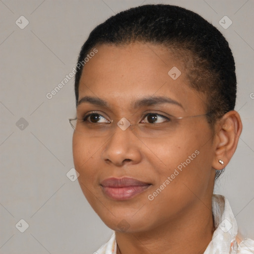 Joyful latino young-adult female with short  brown hair and brown eyes