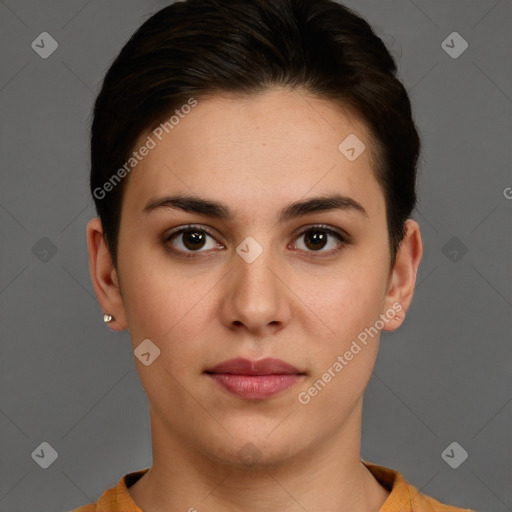 Neutral white young-adult female with short  brown hair and brown eyes