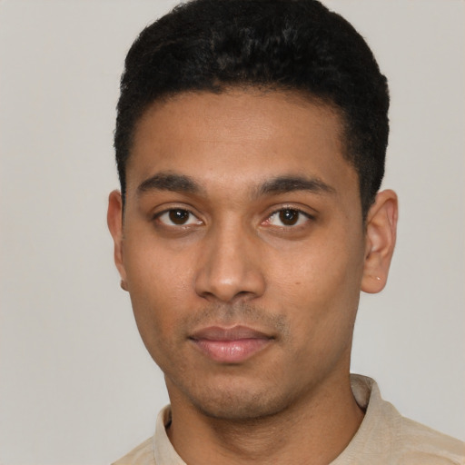 Neutral latino young-adult male with short  black hair and brown eyes