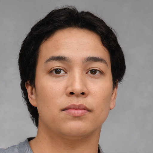 Neutral asian young-adult male with short  brown hair and brown eyes