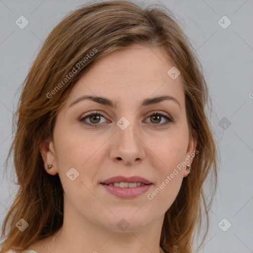 Joyful white young-adult female with medium  brown hair and green eyes