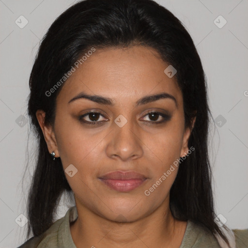 Joyful latino young-adult female with long  brown hair and brown eyes