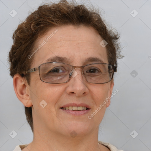 Joyful white adult female with short  brown hair and brown eyes