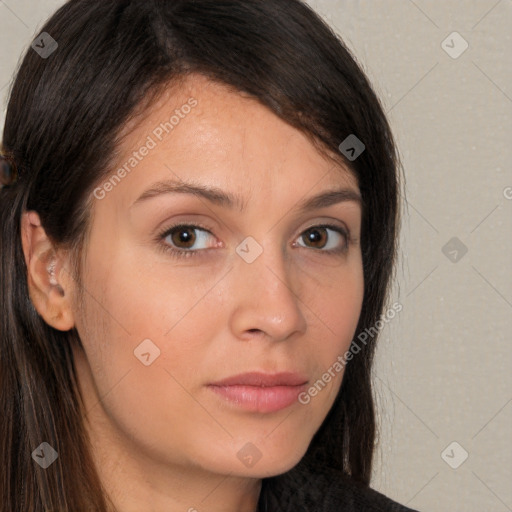 Neutral white young-adult female with long  brown hair and brown eyes