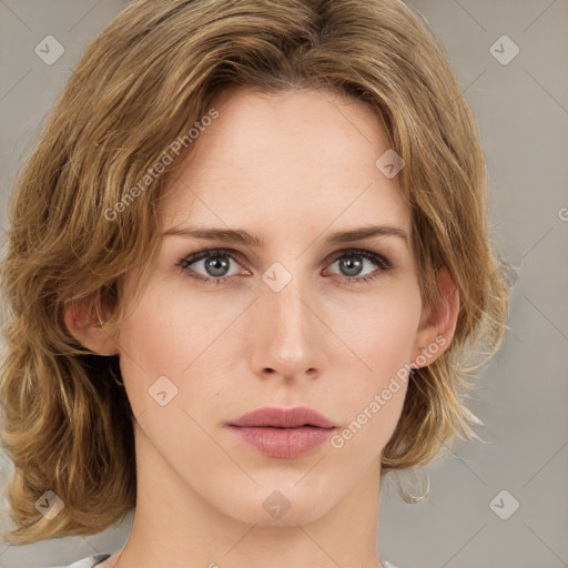 Neutral white young-adult female with medium  brown hair and grey eyes