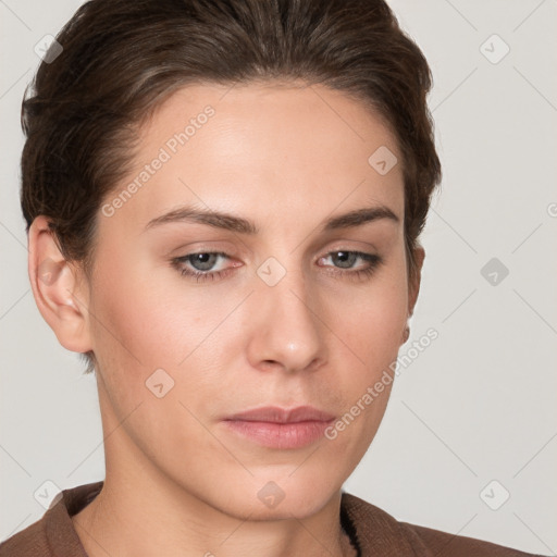 Neutral white young-adult female with short  brown hair and brown eyes