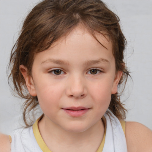 Joyful white child female with medium  brown hair and brown eyes