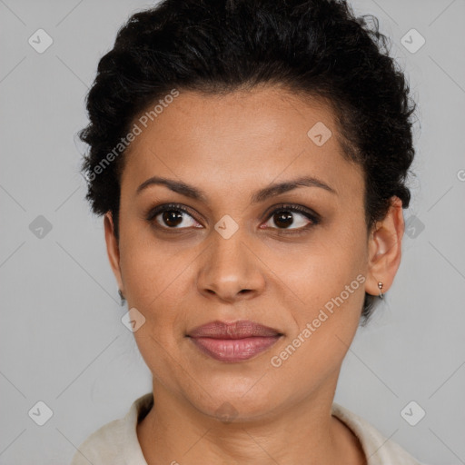 Joyful latino young-adult female with short  brown hair and brown eyes