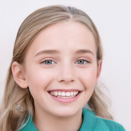 Joyful white child female with medium  brown hair and blue eyes