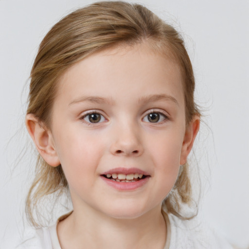 Joyful white child female with medium  brown hair and blue eyes