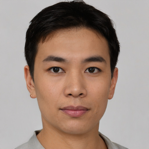 Neutral asian young-adult male with short  black hair and brown eyes