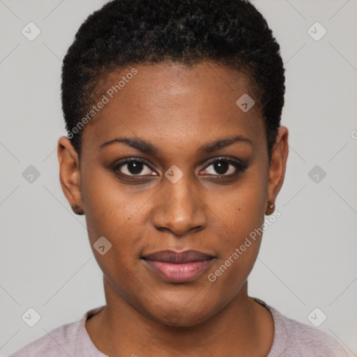 Joyful black young-adult female with short  black hair and brown eyes