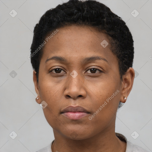 Neutral black young-adult female with short  brown hair and brown eyes