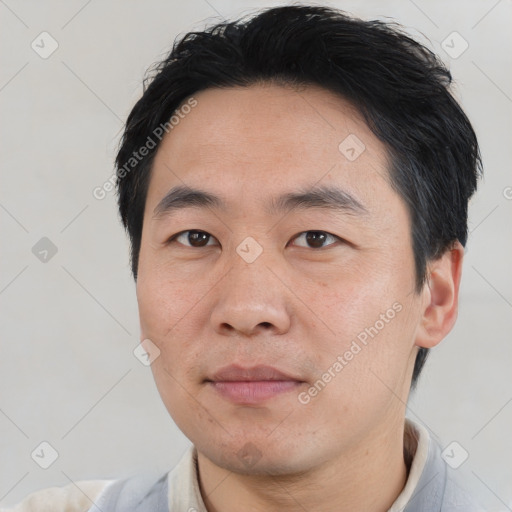 Neutral asian adult male with short  black hair and brown eyes