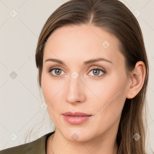 Neutral white young-adult female with long  brown hair and brown eyes