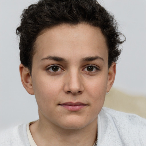 Neutral white young-adult female with short  brown hair and brown eyes