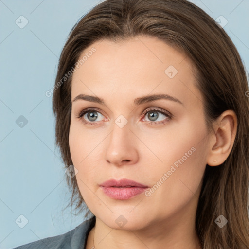 Neutral white young-adult female with long  brown hair and grey eyes