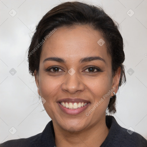 Joyful latino young-adult female with medium  black hair and brown eyes