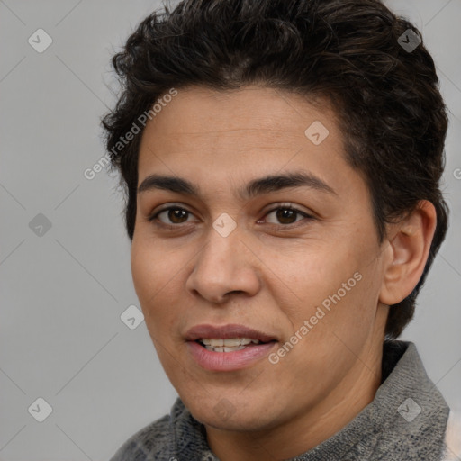 Joyful white adult female with short  brown hair and brown eyes