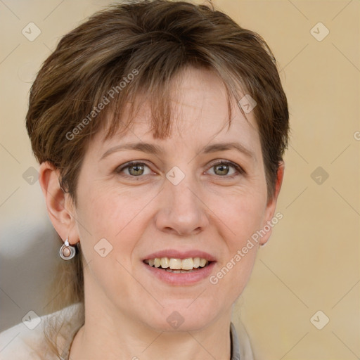 Joyful white adult female with medium  brown hair and grey eyes